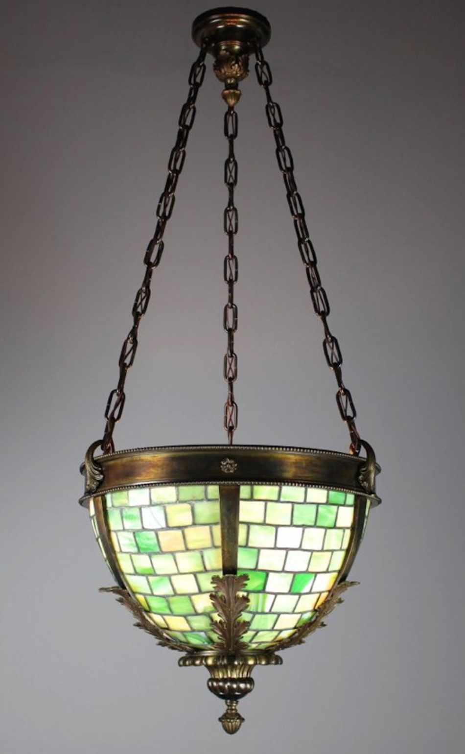 Brass Bowl Fixture with Green Leaded Glass. Modernism